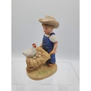 Homco Denim Days Boys Figurine with Wheelbarrow and Chicken & Eggs Taiwan 1985